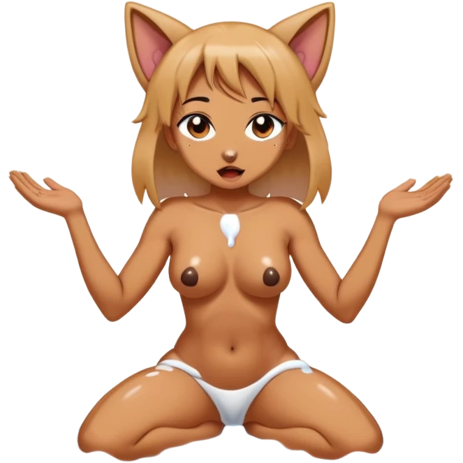 Naked woman with big tits and ass stands in a doggy pose covered in cum and pussy visible, ahegao emoji