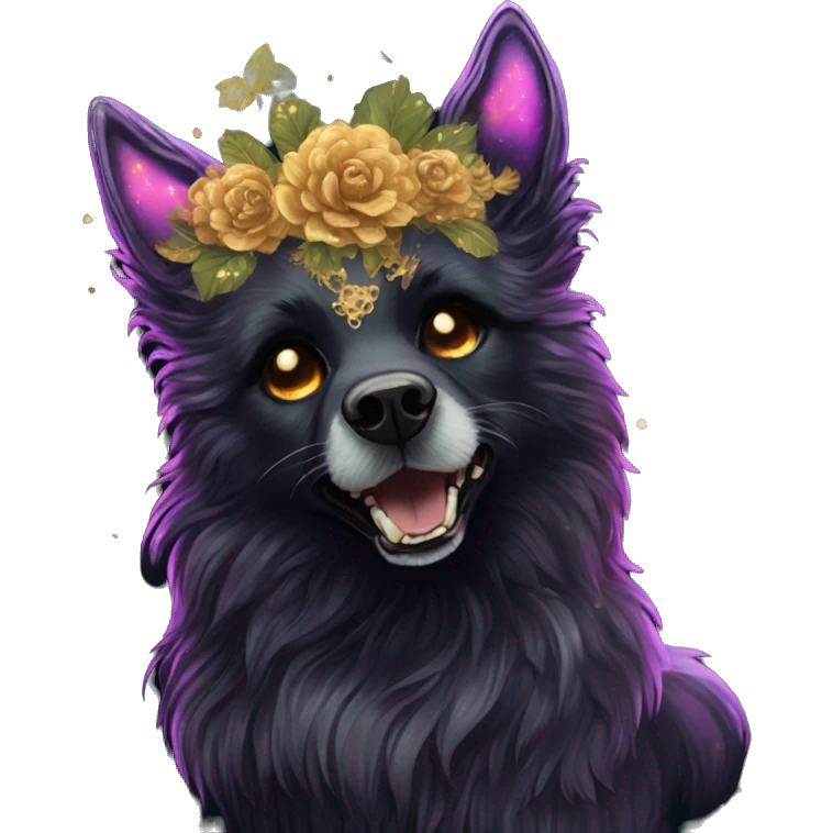 Black iridescent fluffy dog fox head zombie skeleton gold mechanical nebula galaxy stars flowers fairy lights vintage emoji
