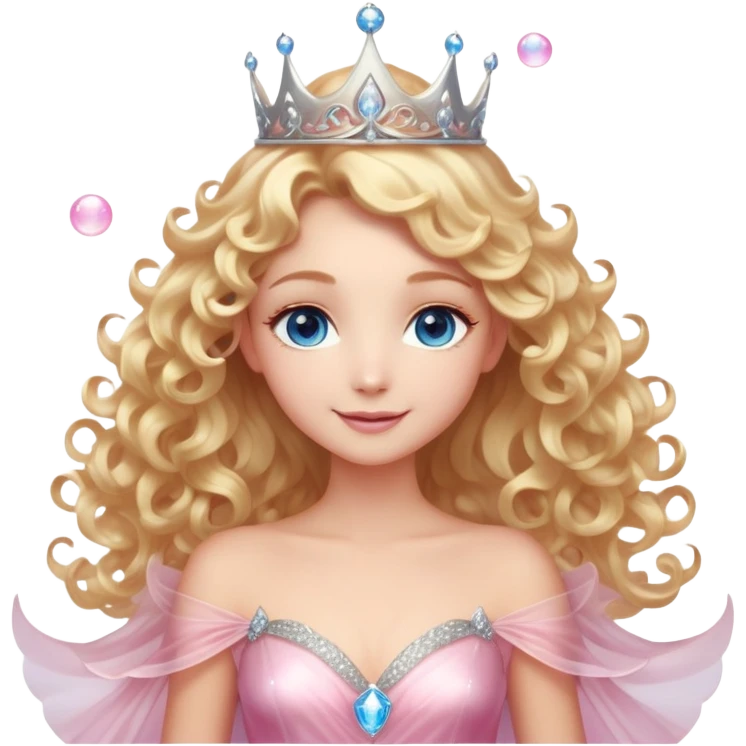 Elegant fairy with golden-blonde curls, a delicate silver crown, and sparkling blue eyes. She wears a shimmering light pink gown with a layered, ethereal design. Surrounded by a glowing, translucent pink bubble, radiating warmth and magic, with a bright, confident smile. emoji