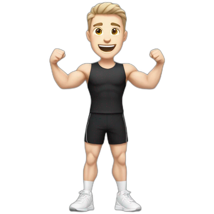 Joyful Celebrating victory Pale skinned Fit Man With the biceps and dark brown hair in black shirt, gray sports shorts and white Sneakers emoji