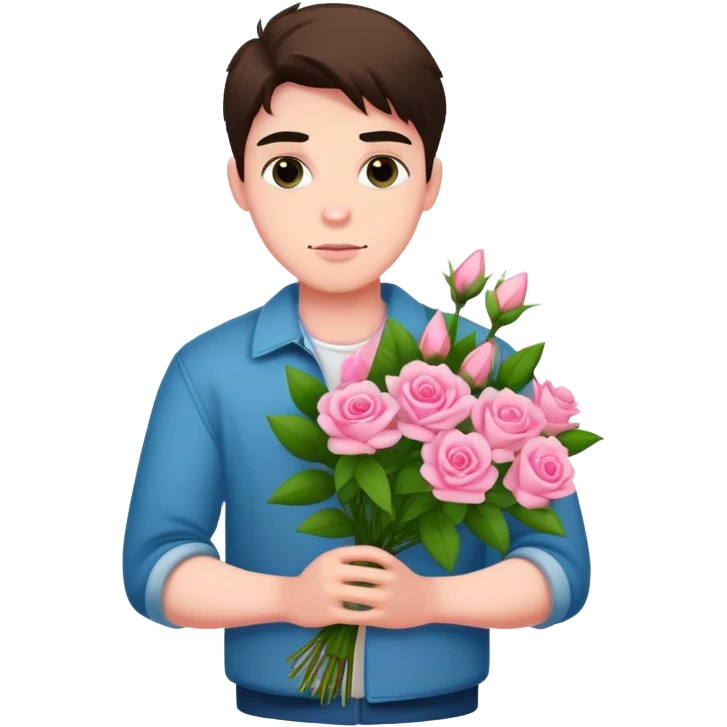 A cool bad boy with fair skin holding a bouquet of pink jasmine roses emoji
