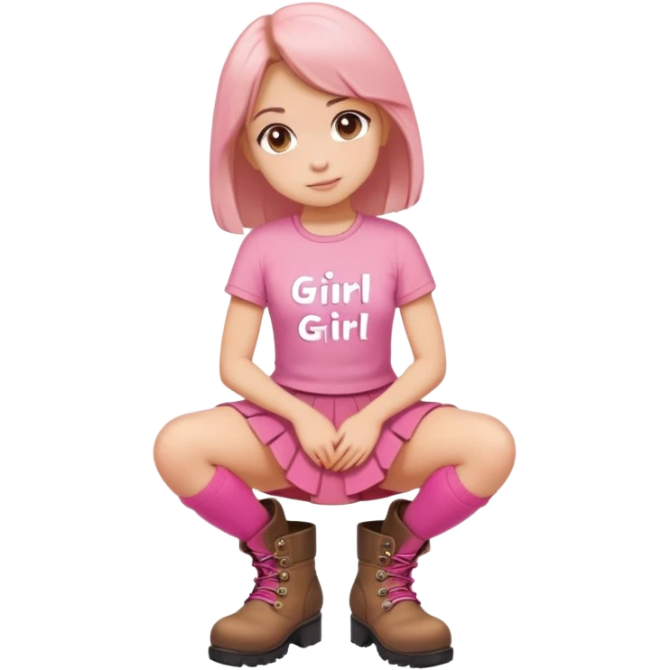  top and skirt with pink inscription “girl”  squatting in boots emoji