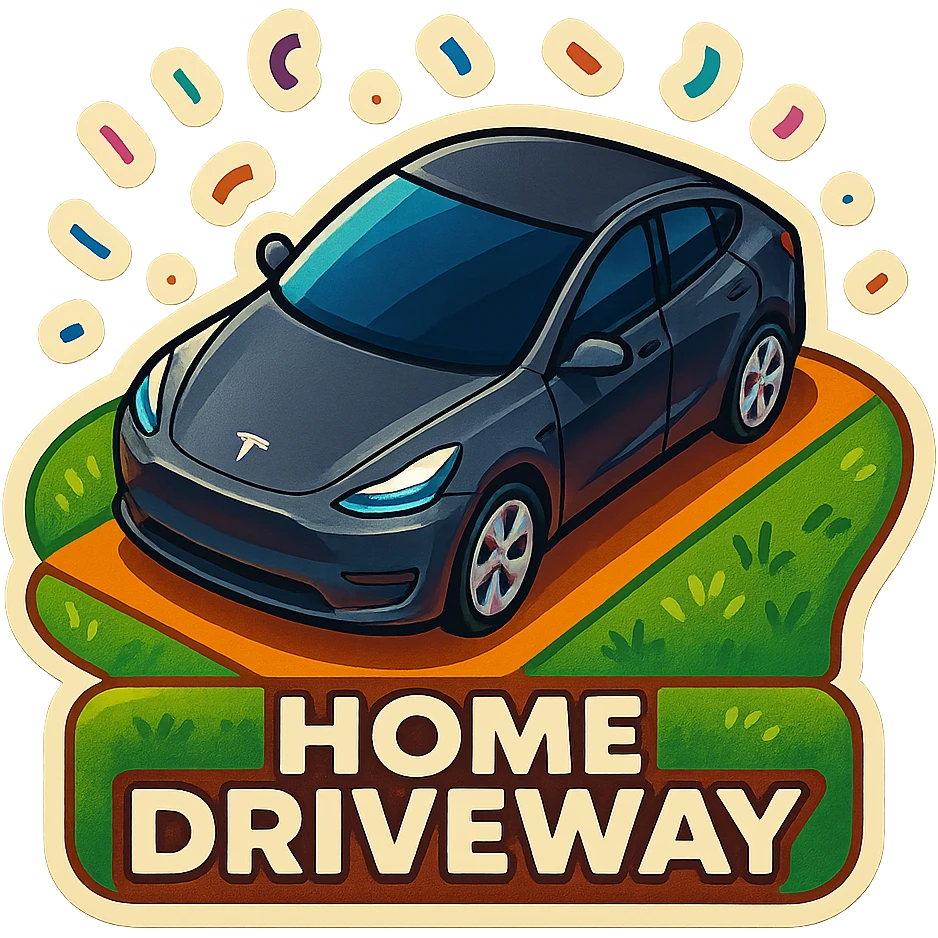 A Tesla Model Y parking in a home driveway with grass on the sides, from above, with confetti emoji