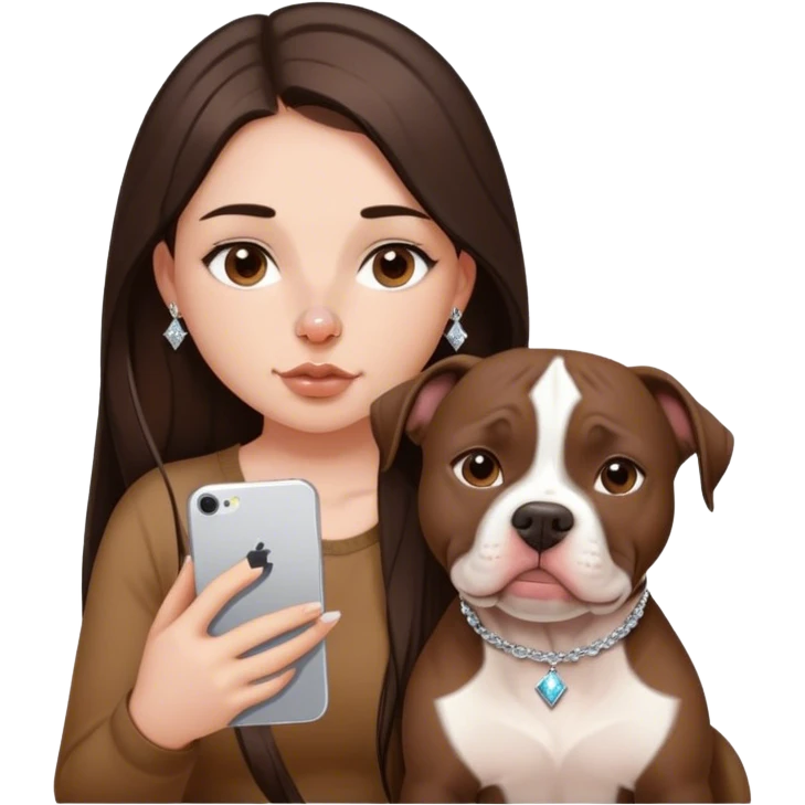 ￼ a young girl with long dark brown hair cascading down her face. It’s with her phone in her hands, sitting next to her pitbull with a small diamond nose ring in her nose. emoji