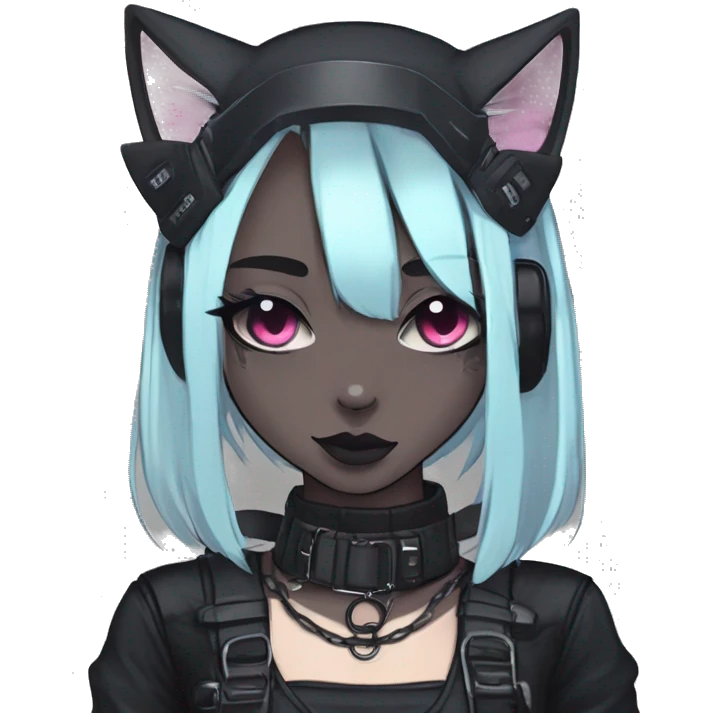 Gorgeous gothic dark techwear cyberpunk anime style sona anthro cat with blushing face aesthetic and pretty edgy black with collar and harness trending style emoji