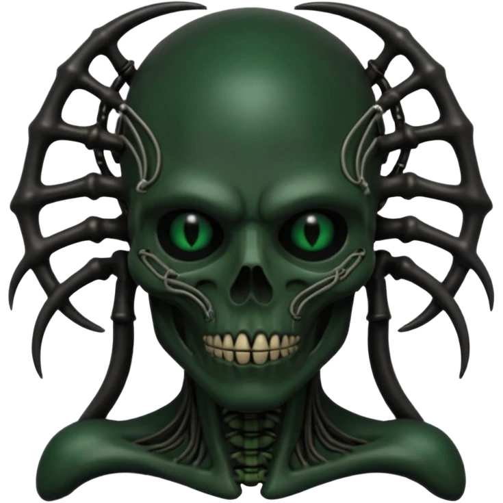 HR giger, wires, dark green, black flesh undead, head. dark black bones and skin emoji