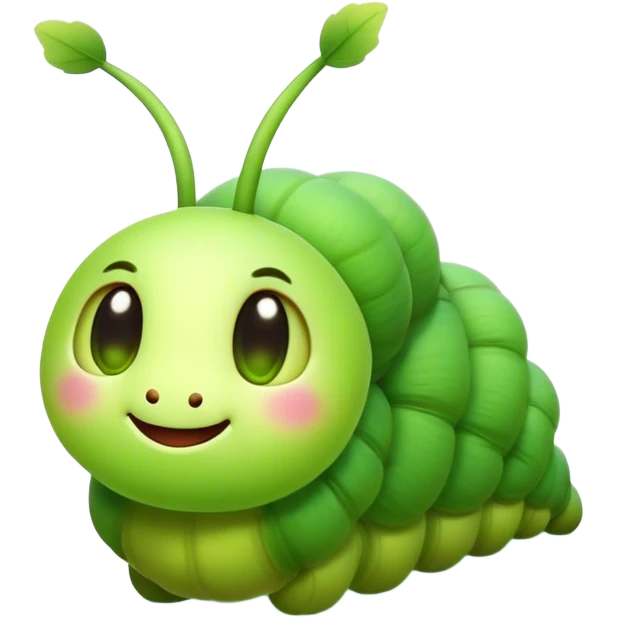 Cinematic Cute Caterpillar Portrait Emoji, Head tilted playfully and inquisitively, featuring a small, fuzzy body with rounded, plump segments, soft, endearing eyes and a charmingly wiggly movement, Simplified yet irresistibly adorable features, highly detailed, glowing with a warm, inviting green glow, high shine, affectionate and lively, stylized with a touch of whimsical woodland charm, soft glowing outline, capturing the essence of a mischievous caterpillar that seems as if it could crawl out of the screen into your arms! emoji