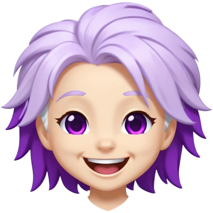 Chibi Sable Ward laughing hard, exaggerated laugh, head tilted back, white hair with purple streaks, fully purple eyes, extremely happy expression emoji