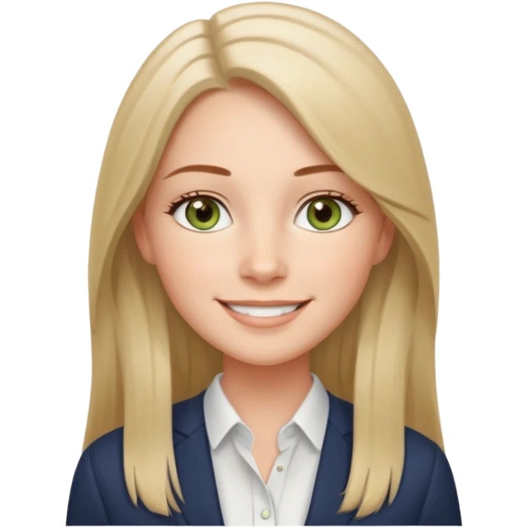 confident CEO named Freya McOmish, smiling, hazel green eyes, straight long hair with a middle part, subtle freckles, modern business style, broad shoulders, wearing a shirt without a collar emoji