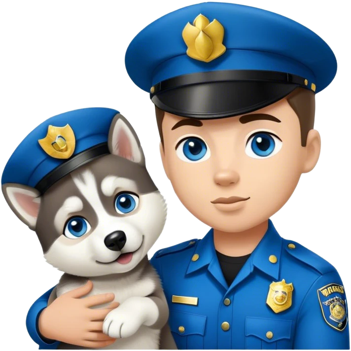 Siberian husky with baby blue eyes with a young black male cop emoji