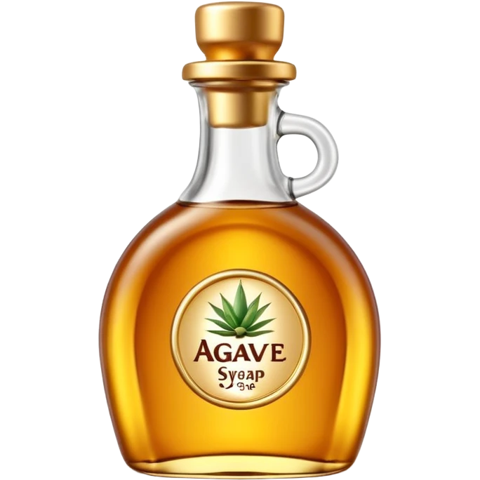 transparent bottle of agave syrup, warm golden-amber, shiny, viscous, curved shape, gold or green flip-top cap, minimal label, no text, 3D-rendered, clean, soft shadows, transparent background, emoji scale emoji