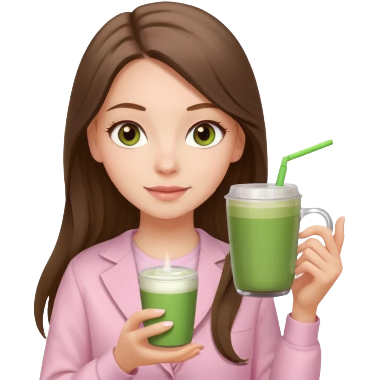 white long brunette hair girl with hazel eyes wearing light pink who is holding matcha emoji