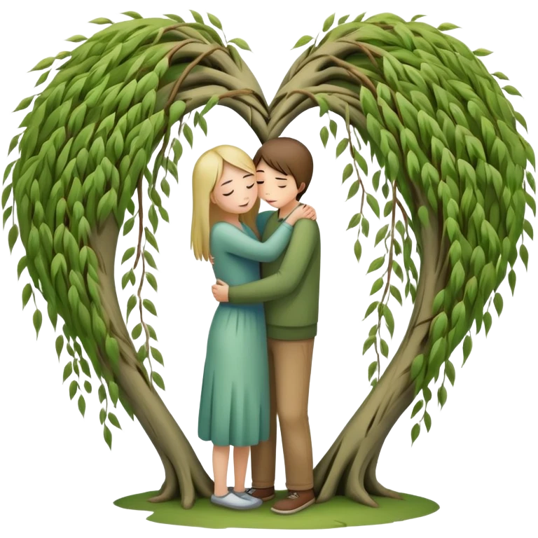 heart-shaped weeping willow tree with two people inside giving each other a comforting, caring, supportive hug, not romantic, with a small heart above them emoji