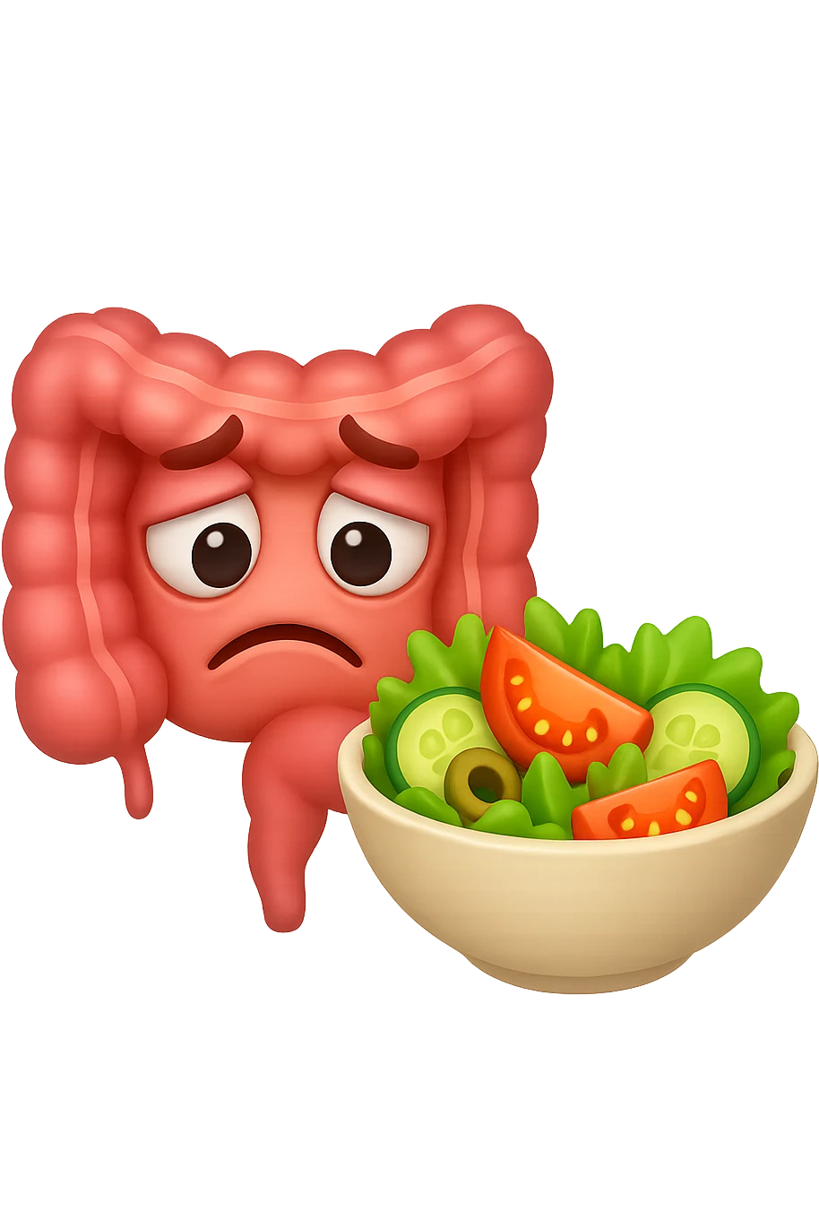 EMOJI STILE IPHONE DI UN INTESTINO UMANO ANATOMICO CHE GUARDA UN INSALATA CON ESPRESSIONE TRISTE E RASSEGNATA IN VOLTO: SOFFRE LA FAME PERCHé è A DIETA, FAGLI ANCHE LA PARTE BIANCA DEGLI OCCHI, NON SOLO LE PUPILLE emoji