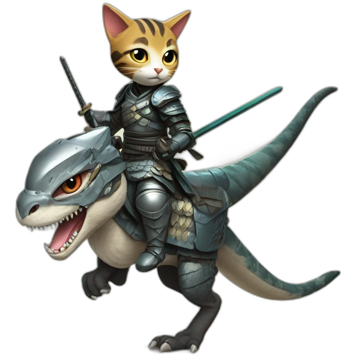 samurai cat riding a velociraptor with a futuristic armor emoji