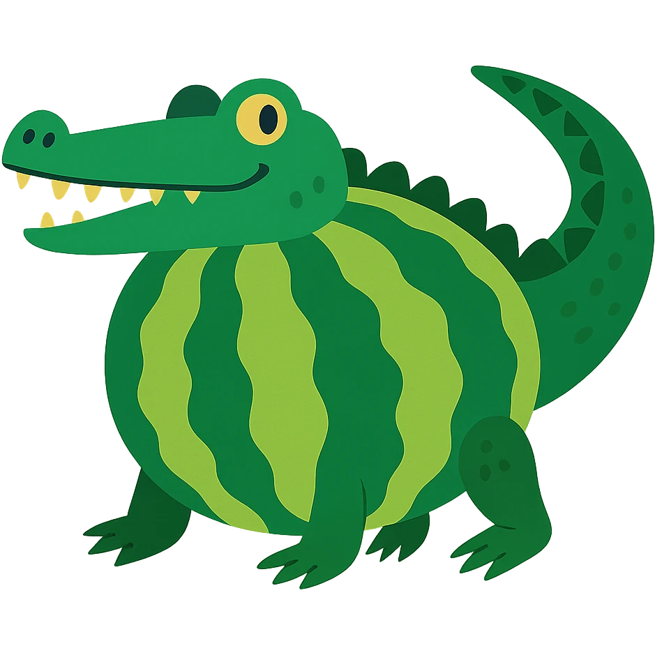 a crocodile with the body of a watermelon, green with stripes, realistic crocodile tail and legs, natural crocodile head, fun and whimsical style emoji