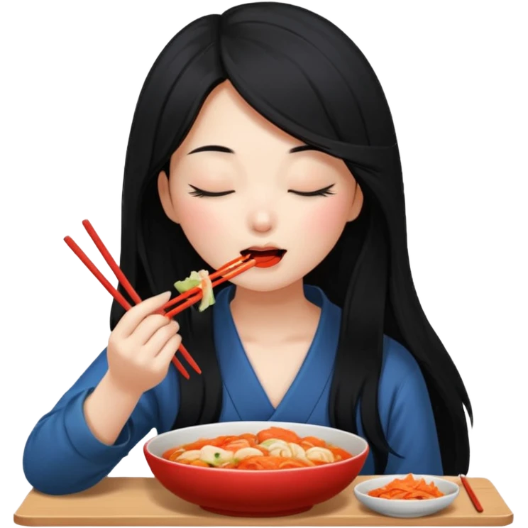 Girl with black long hair eat kimchi close eyes chopstick emoji