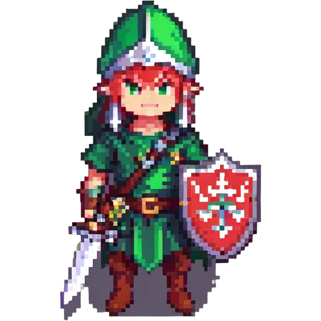 Link from The Legend of Zelda, pixel art style, green tunic, pointy hat, sword and shield emoji