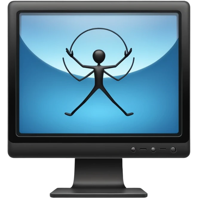 Minimalistic flat vector icon, iOS style, thin black contour on white background. Computer monitor showing a simple stickman character inside a game world. Clean, no text, no shadows emoji