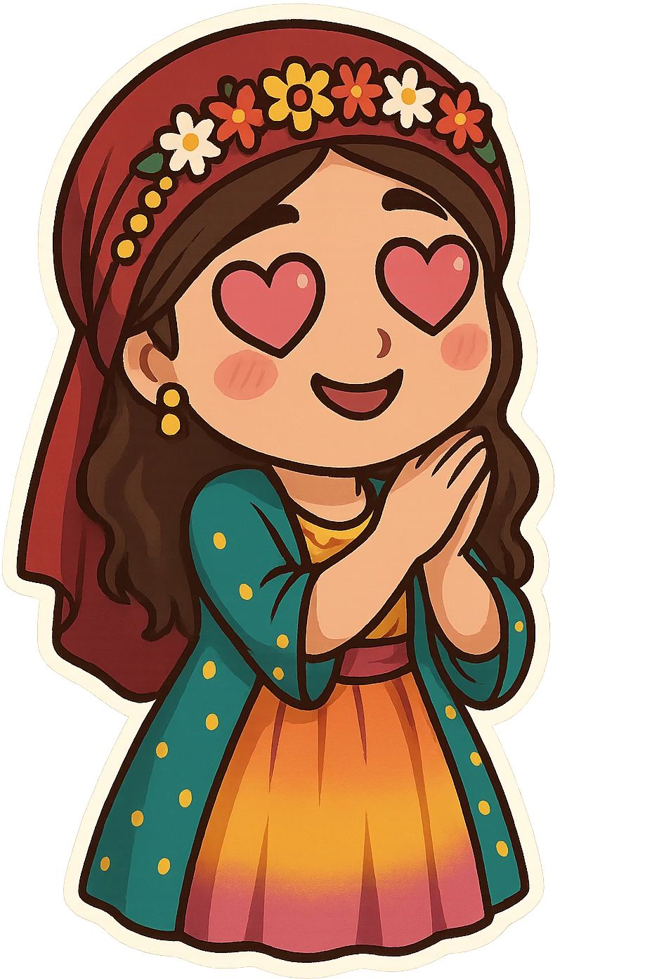 Cartoon sticker of a Kurdish woman in traditional colorful and cheerful Kurdish female clothing, with a romantic facial expression and heart-shaped eyes similar to the 😍 emoji, no text, suitable for WhatsApp and Instagram, transparent background. emoji
