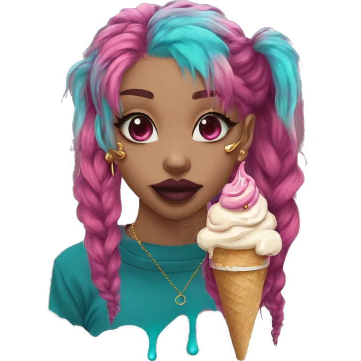 Vintage grunge patina intricate swirls golden sparkle Deep pink maroon burgundy cyan dark hoodie person dyed hair and gold piercings nose piercing ear piercings ice cream  emoji