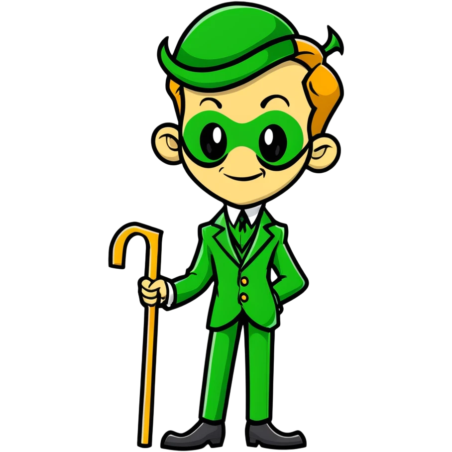 The Riddler villain with green suit, question mark cane, mischievous grin emoji