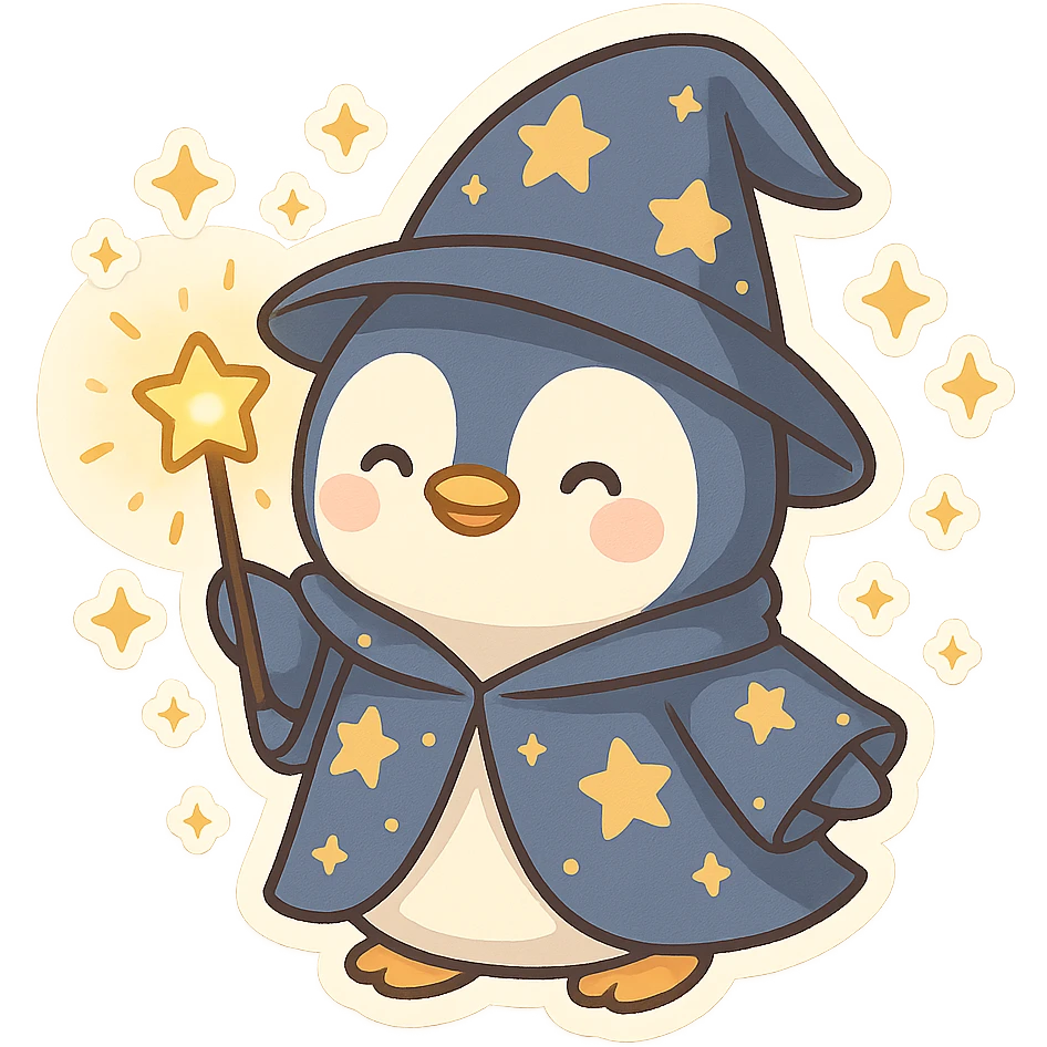 a cute penguin wizard with a starry robe and a glowing wand, magical sparkles around emoji