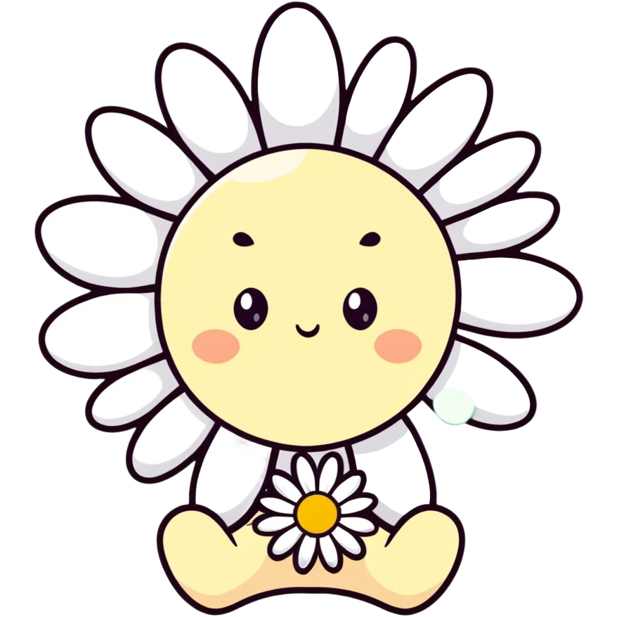 creamy white daisy flower with sleepy half-lidded eyes, sitting down with a blank stare, extremely soft round pastel character emoji