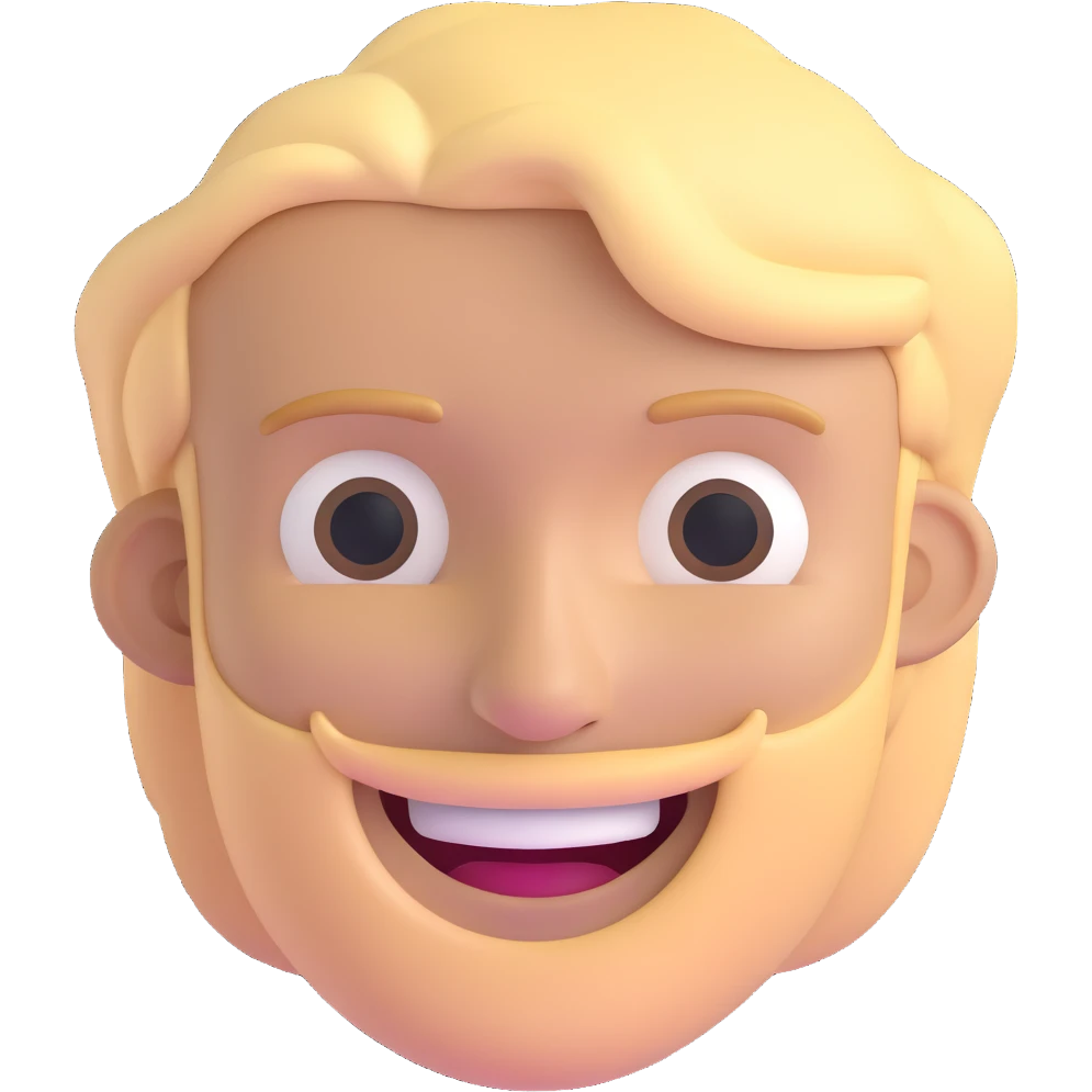 young man with blonde hair and moderate beard with a big smile emoji