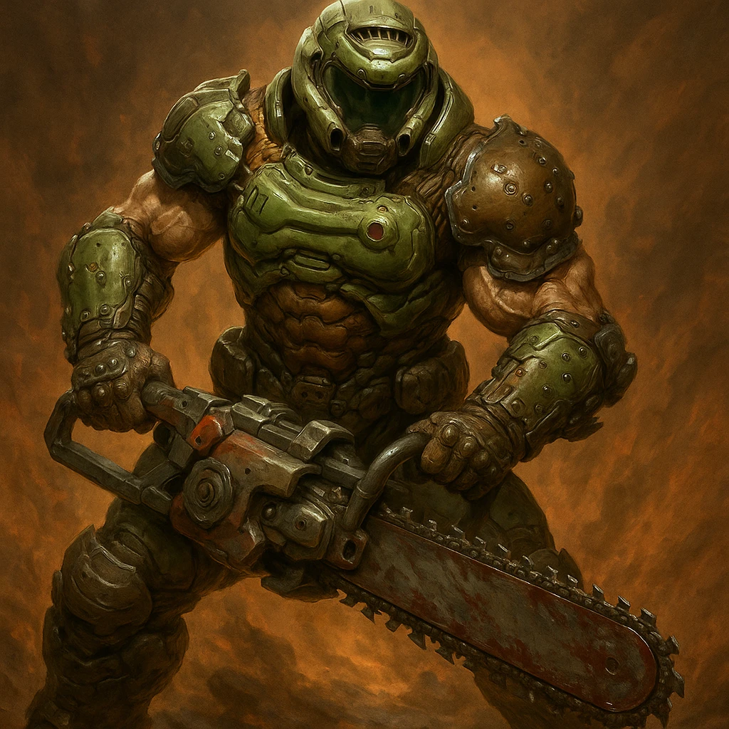 The Doomslayer, full body, wielding a chainsaw, green and brown armor, muscular and imposing, inspired by Doom Eternal emoji