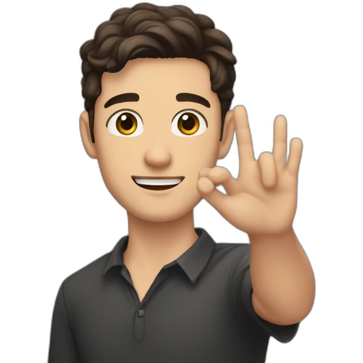 20 year old man with a shaved mustache and dark brown hair and brown eyes and black earrings in both his ears waving hello with his right arm and hand emoji