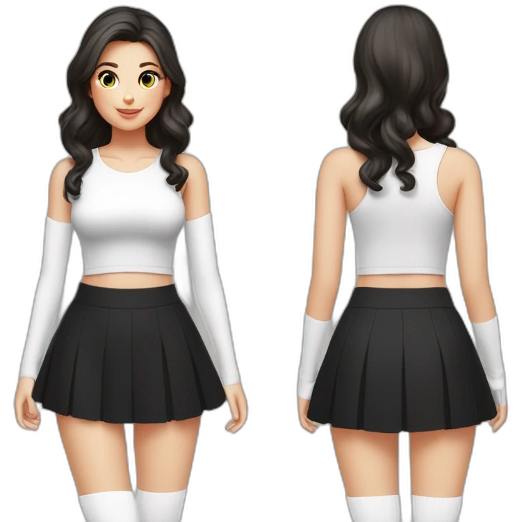 caucasian-curvy-figure scater girl short-black-skirt-back-and-front-views-long-white-socks emoji