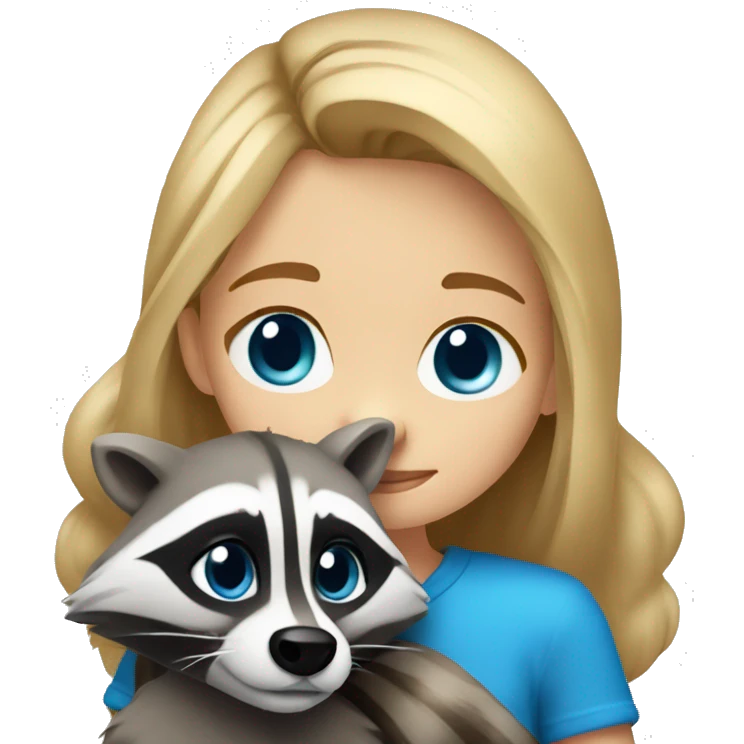 Dark blonde, blue eyes, girl, hugs a racoon emoji