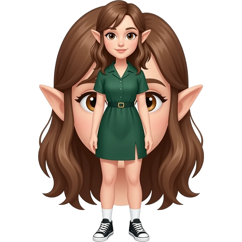 A white/fair skinned woman with brown hair, brown eyes and pointy ears, and wearing a dark green dress with white socks and black sneakers. emoji