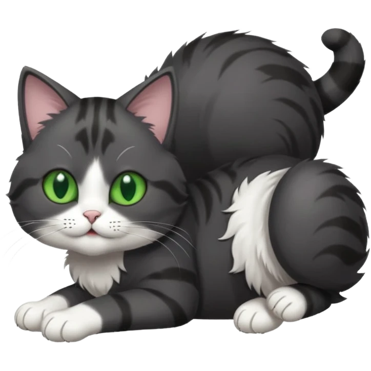 dark grey cat with green eyes, white toes/paws and white patch on her chest playfully rolling upside down emoji