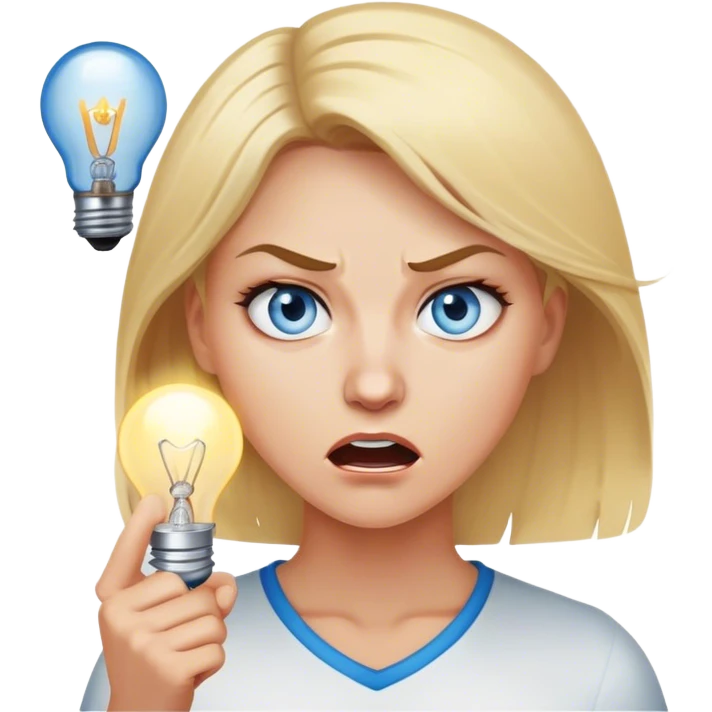 woman with blond hair and blue eyes lighting up a lightbulb with her anger emoji