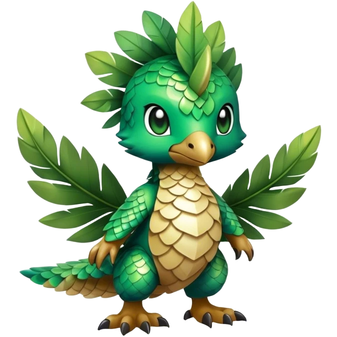 Cute cool fantasy animal hybrid Fakemon full body, green scales, leaves, feathers, emoji