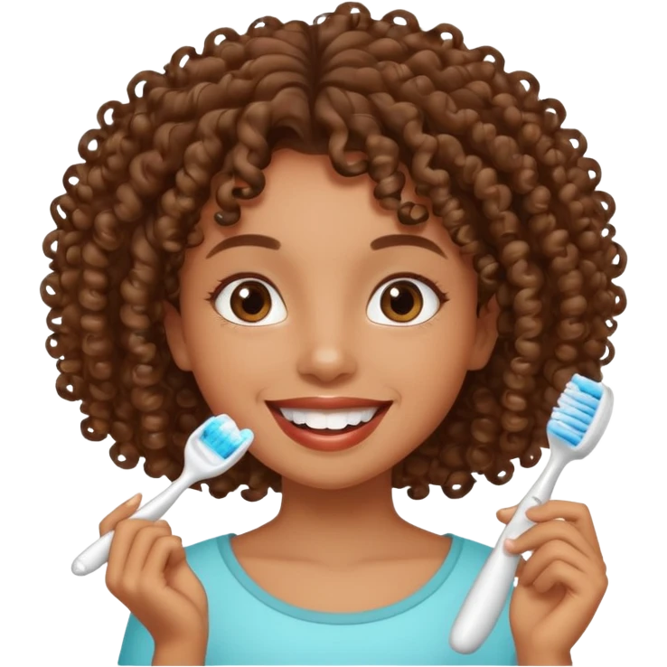 brown girl with curly hair brushing teeth emoji