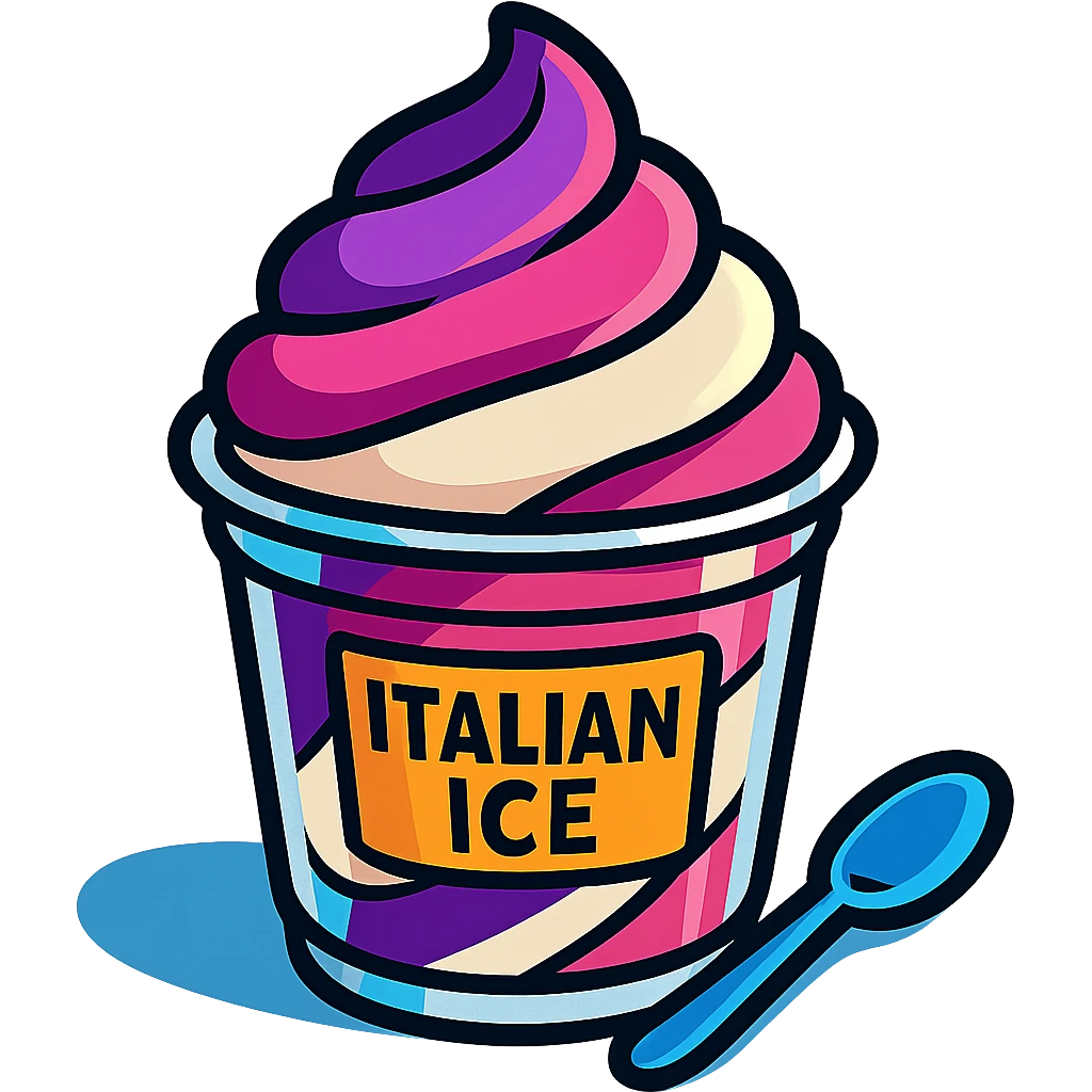 Italian ice in a clear cup, swirled layers of purple, pink, and white, with a small spoon emoji