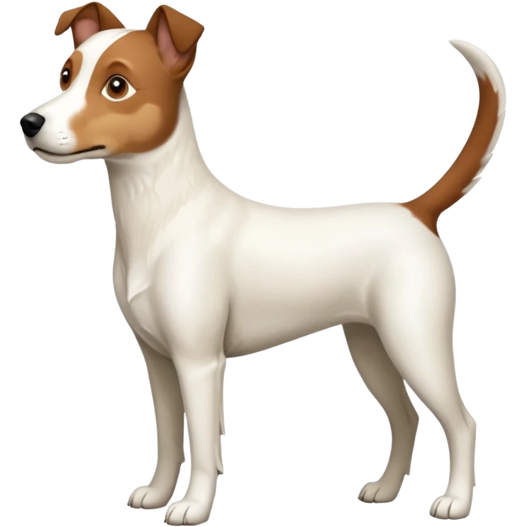 a full body large white parson russell looking dog the size of a kelpie with light brown ears and a light brown patch on one eye and a large snout emoji