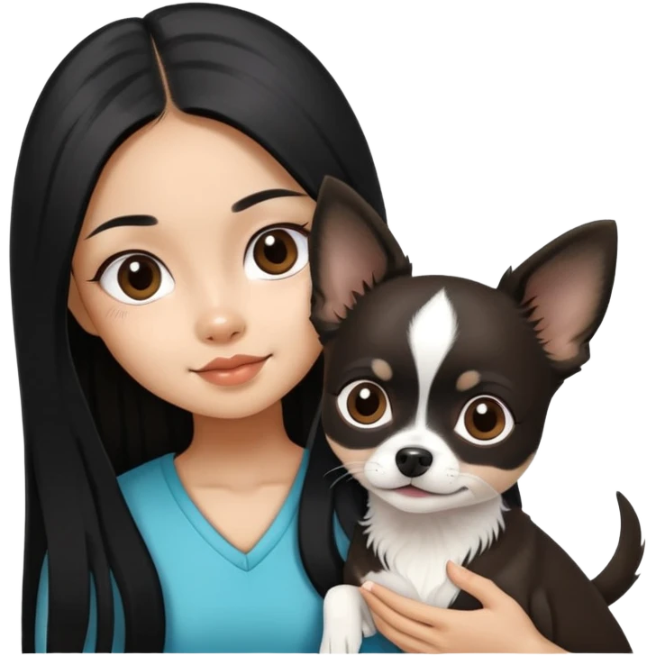 Thai girl with long black hair holding a black and white Chihuahua dog emoji