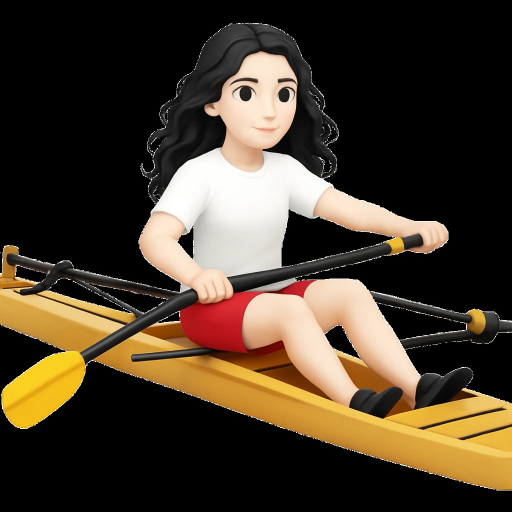 Kızın tenini daha beyaz yap, siyah uzun dalgalı saçlı, kırmızı şort ve beyaz kısa kollu tişörtle olimpik kürek sporu yapıyor emoji