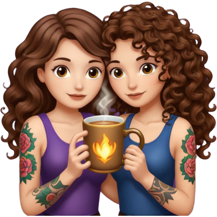 warm potion break — long wavy brown hair tattooed woman and short tight curly brown hair woman — hugging glowing mug emoji