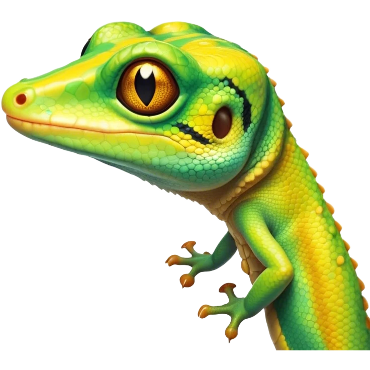 Cinematic Comical Gecko Portrait Emoji, Head tilted dramatically with an exaggeratedly shocked expression, featuring a compact, agile body with wide, comically expressive eyes and a quirky pattern of scales, Simplified yet hilariously expressive features, highly detailed, glowing with a slightly sassy tropical glow, high shine, dramatic yet playful, stylized with an air of quirky reptilian mischief, soft glowing outline, capturing the essence of a meme-worthy gecko that seems ready to scamper its way into viral fame! emoji
