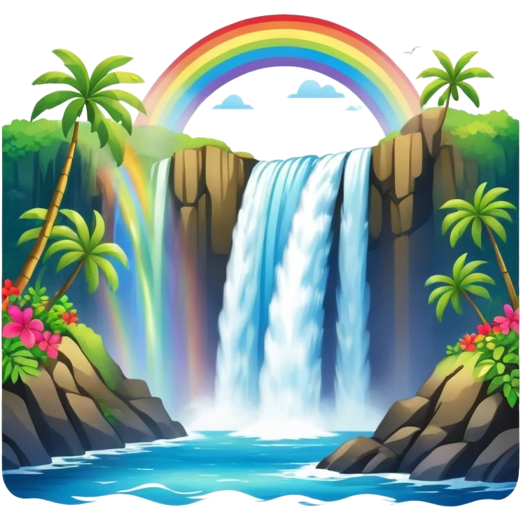 Hawaiian waterfall with rainbow emoji