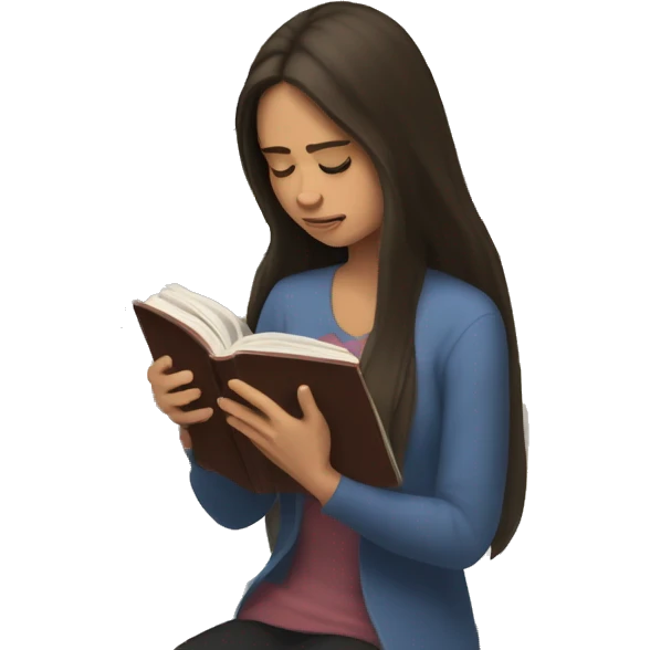brunette long hair woman crying tears down face while holding and reading book emoji