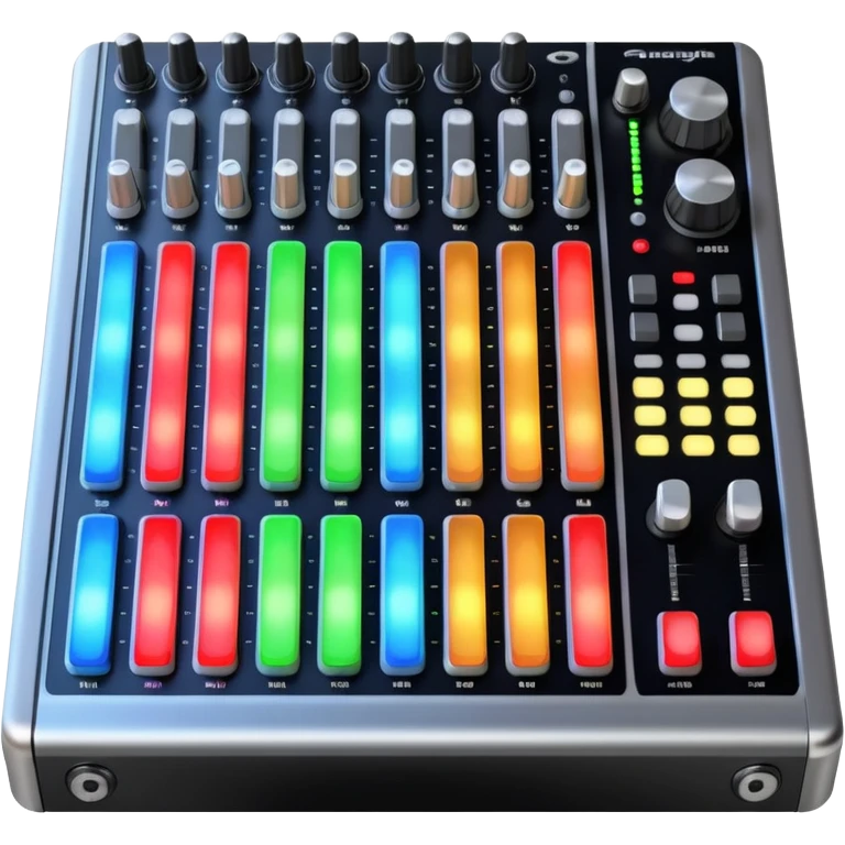 The long DJ mixer features faders, EQ knobs and multi-colored LEDs. emoji