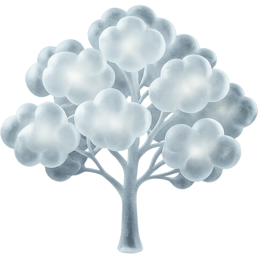 one tree with many branches and a white trunk, crown made of small very bright white fluffy convex clouds, matte glass style emoji