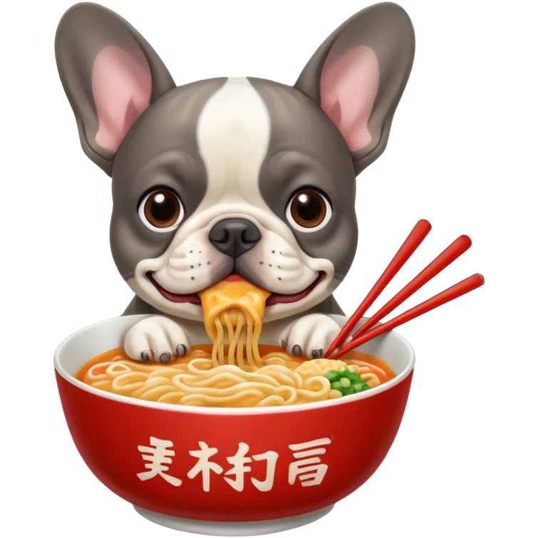 Merle French bulldog eating Ramen noodles emoji