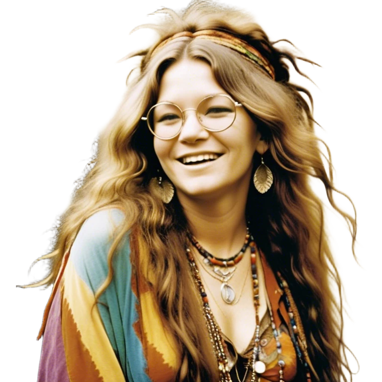 a portrait of janis joplin, focusing on her upper half. she has long, wavy hair with a free-spirited, messy style, round glasses, and a warm, infectious smile. she’s wearing layered bohemian jewelry, colorful clothing, and a feather in her hair, exuding her iconic 60s rock-and-roll vibe. the background is vibrant and slightly psychedelic emoji